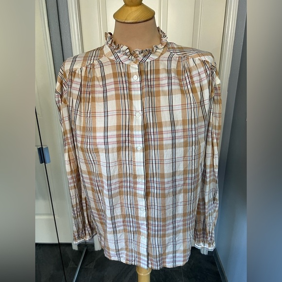 GAP Tops - Gap Ruffle Neck Plaid Long Sleeve Button Up Shirt